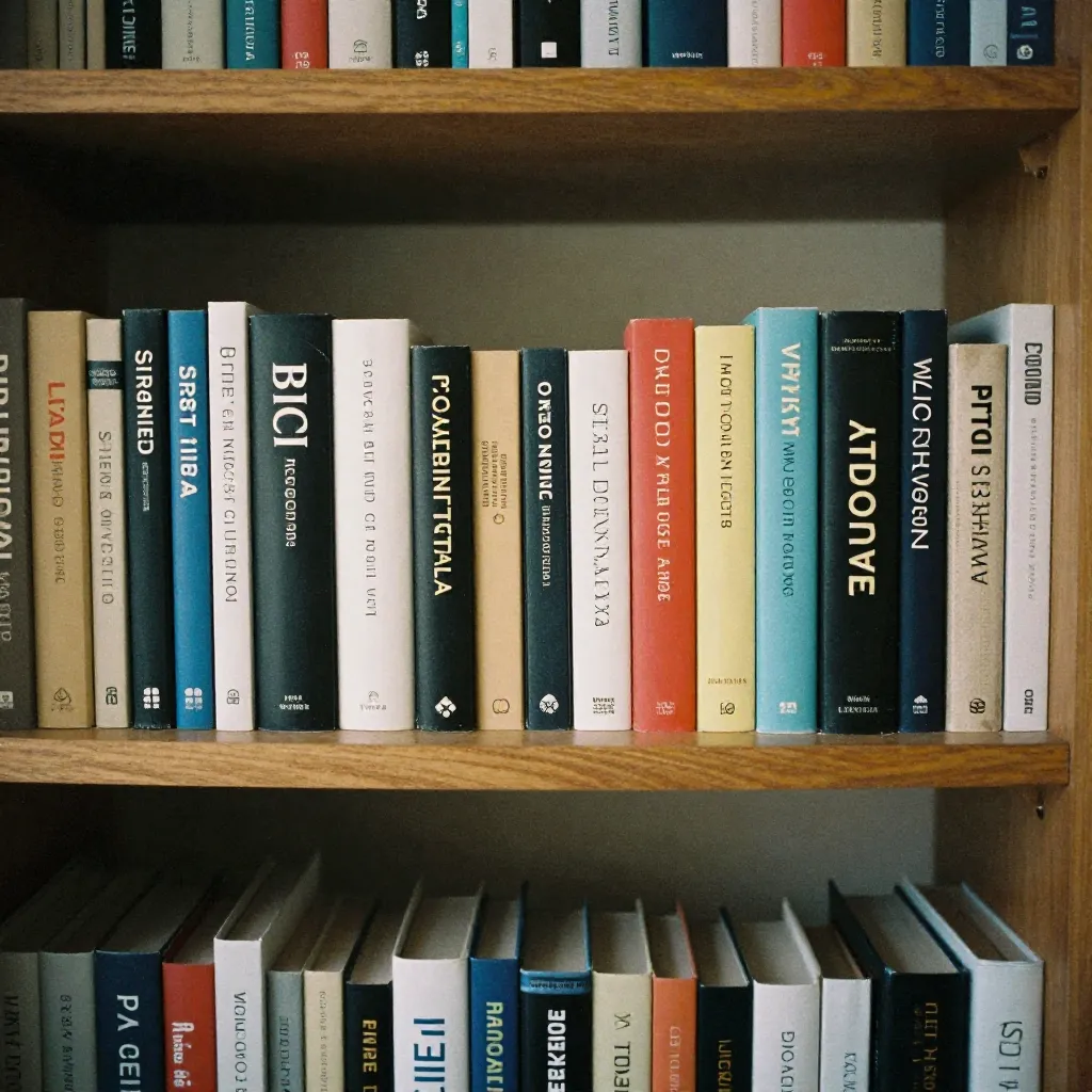 Decorative bookends and sculptural elements on shelf