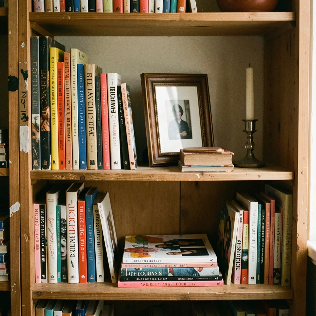Eclectic bookshelf styling with decorative elements