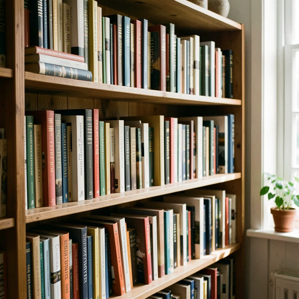 Color-coded bookshelf arrangement