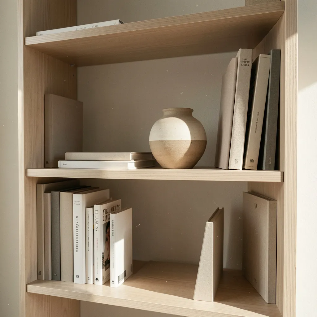 Minimalist neutral bookshelf arrangement